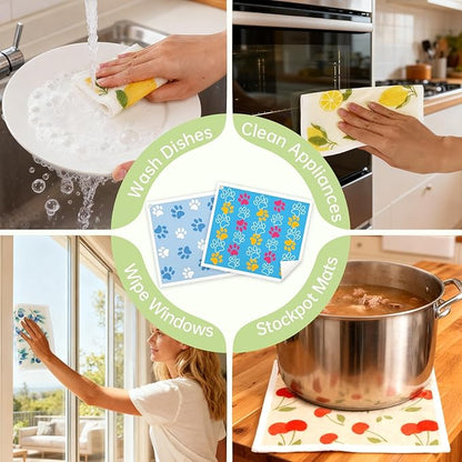 Swedish Dishcloths for Kitchen, 5 Pack Dog Paw Reusable Paper Towels with 3 Hooks, Washable Dish Cloth Set, Absorbent Cleaning Cloth for Home Washing Dishes Housewarming Gifts for Friend