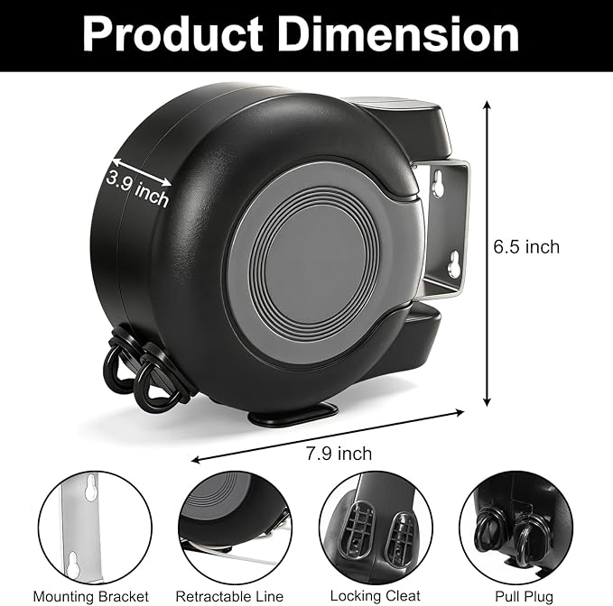 Dual Retractable Clothesline, 49 ft x 2 Portable Heavy Duty Washing Line for Indoor & Outdoor Use, PVC Retracting Wall Mount Clothes Drying Laundry Line with Easy Installation (Black)