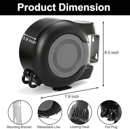 Dual Retractable Clothesline, 49 ft x 2 Portable Heavy Duty Washing Line for Indoor & Outdoor Use, PVC Retracting Wall Mount Clothes Drying Laundry Line with Easy Installation (Black)