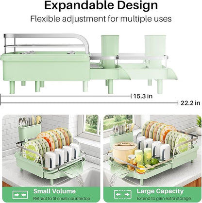 SAYZH Dish Drying Rack - Expandable Dish Rack for Kitchen Counter, Rust-Resistant Dish Drainer with Utensil Holder and Raised Guardrail, Kitchen Organizer for Cup and Bottle (Green)