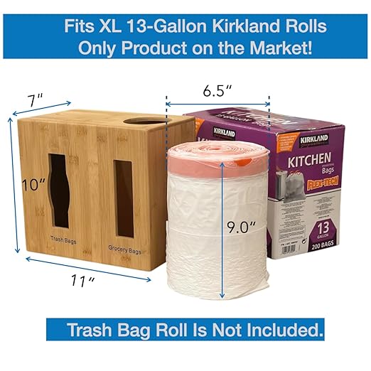 Grocery Bag Holder & Trash Bag Dispenser, Large 2-in-1, Extra Depth Fits 13 Gallon Rolls, Under Sink, Wall Mounted, Pantry, Bamboo