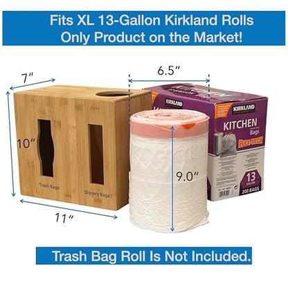 Grocery Bag Holder & Trash Bag Dispenser, Large 2-in-1, Extra Depth Fits 13 Gallon Rolls, Under Sink, Wall Mounted, Pantry, Bamboo