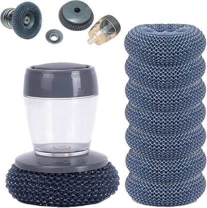 Comfort Grip Soap Dispensing Kitchen Scrub with 1/4/7 Cleaning Balls, Soap Dispensing Dish Brush Without Soap, Replaceable Cleaning Brush, for Cleaning Dishes, Pots, Pans & Sinks (1+7PcsBalls)