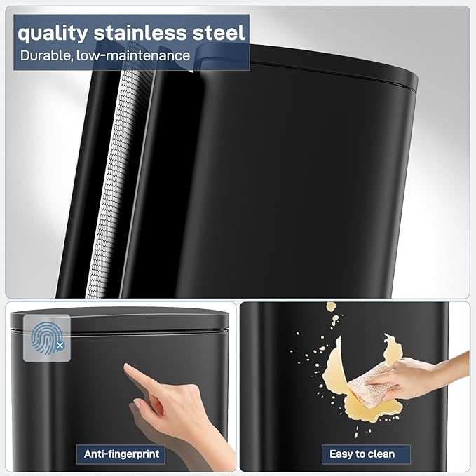 Arlopu 8 Gallon Step Trash Can, Stainless Steel Garbage Bin, Soft-Close Rubbish Bin with Removable Plastic Inner Bucket, Fingerprint-Proof, Lid Dustbin, Suit for Kitchen Home (Black, 30L)
