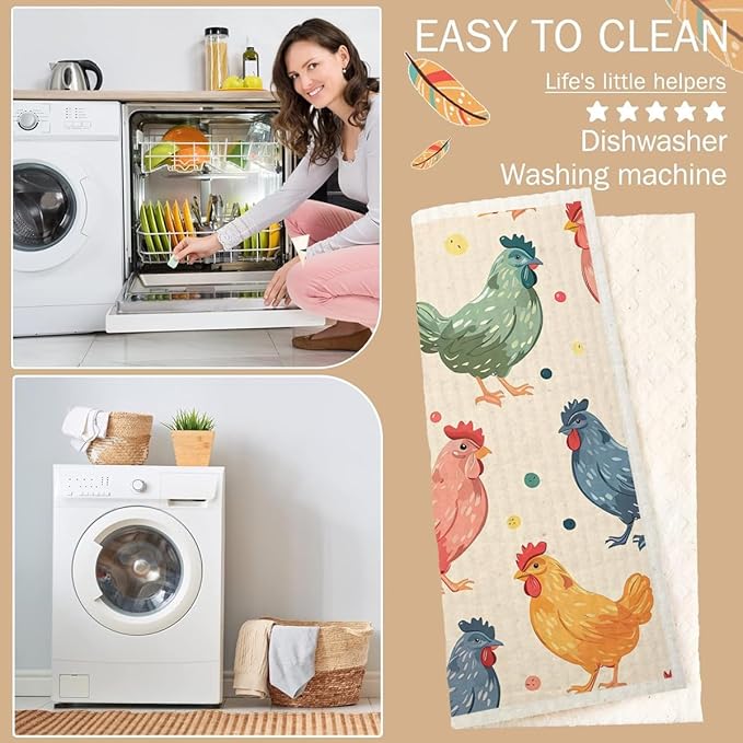 Swedish Dishcloths for Kitchen | 6 Pack Floral Reusable Paper Towels Washable | Swedish Dish Towels | Non-Scratch Cellulose Sponge Cloths | No Odor, Biodegradable Cleaning Cloths, Chicken