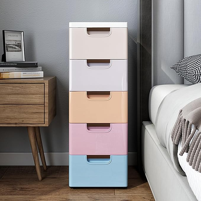 5 Drawer Stackable Storage Tower,Plastic Drawers Dresser,Narrow Rolling Storage Cabinet for Livingroom,Colored