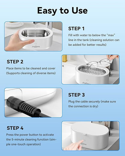 JeaTone Ultrasonic Jewelry Cleaner – 46kHz Sonic Cleaner for Rings, Glasses, Retainers, Dentures, Watches & More, 304 Stainless Steel 20oz Tank (White)