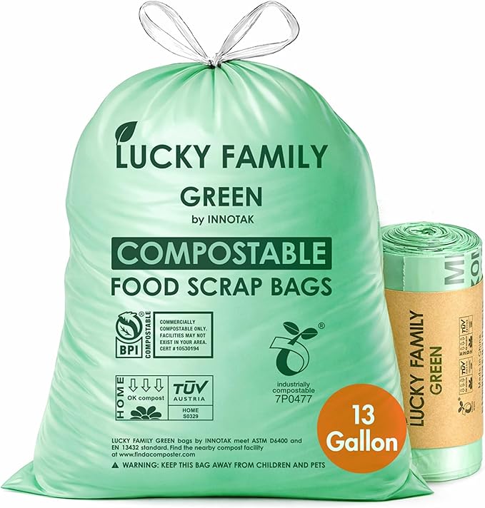 Compostable Trash Bags for Kitchen Compost Bins - 13 Gallon Drawstring Compost Bags, Green Compostable Bags Heavy Duty 1.02 Mil, 49.2 L Tall Kitchen Food Scrap Bags, BPI ASTM D6400, PFAS-Free