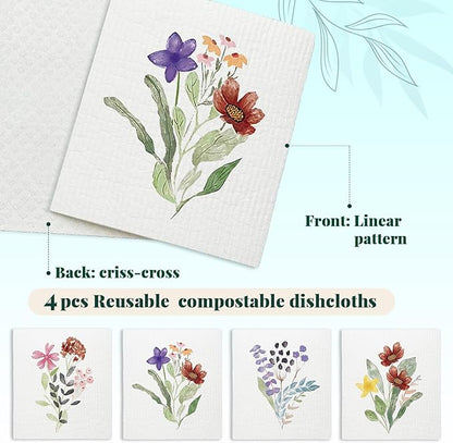 Spring Flower Swedish Dishcloths for Kitchen, Swedish Dish Cleaning Cloths for Floral, Papaya Reusable Paper Towels, 4 Pack Dish Towels for Kitchen, Reusable Paper Dishcloths Washable