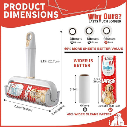 Minson’s BestShop Extra Sticky Lint Roller, 6.3” Extra Wide, 360 Sheets for Pet Hair Removal, The Solo Pack with 1 Ready to Use Handle & 3 Refills, Dog and Cat Lint Remover