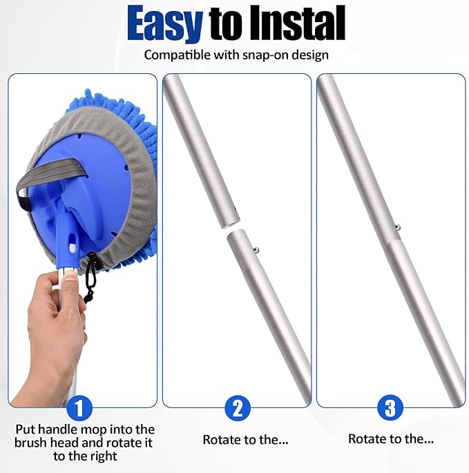 15° Curved Car Wash Brush with Long Handle 43" Extension Cleaning Mop Exterior Interior Carwash Duster 3-Section, 90° Pivoting Extralarge Microfiber Head for Scratch-Free Car, SUV & Truck (Blue)