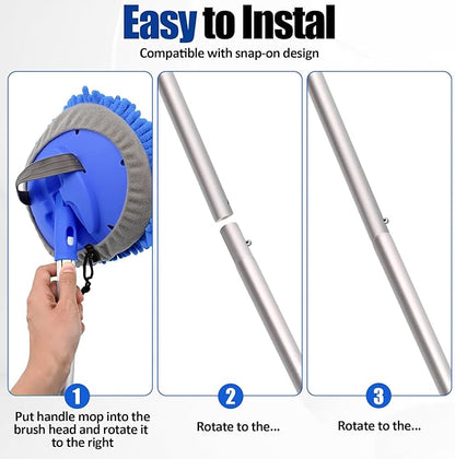 15° Curved Car Wash Brush with Long Handle 43" Extension Cleaning Mop Exterior Interior Carwash Duster 3-Section, 90° Pivoting Extralarge Microfiber Head for Scratch-Free Car, SUV & Truck (Blue)