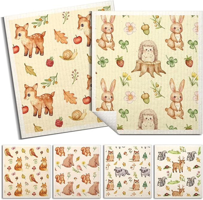 Swedish Dishcloths for Kitchen | 6 Pack Floral Reusable Paper Towels Washable | Swedish Dish Towels | Non-Scratch Cellulose Sponge Cloths | No Odor, Biodegradable Cleaning Cloths, Animal