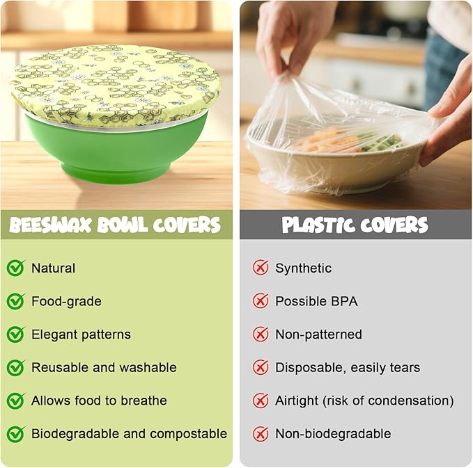 2-Pack Reusable Beeswax Bowl Covers with Bee Pattern, 10/12 Inch Elastic Cotton Food Storage Covers for Bread Proofing, Sourdough Dough & Kitchen Containers