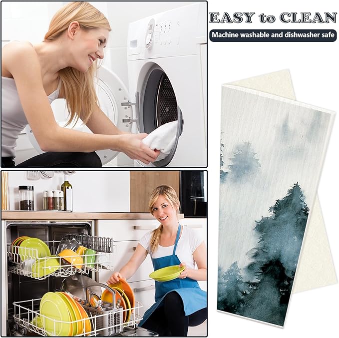 Whaline 6Pcs Dusty Blue Forest Swedish Dishcloths Cotton Kitchen Towels Reusable Absorbent Mountain Forest Dish Towels for Home Party Housewarming Cleaning, 7 x 8 Inch