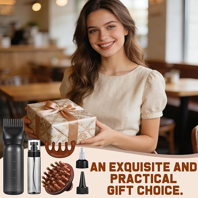 ProSuites 6 in 1 Set Wooden Head Scalp Massager Comb Tool Hair Gua Sha Comb with 6 OZ Hair Oil Applicator Bottle Spray Bottle for Relaxation