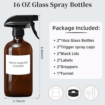 Amber Glass Spray Bottles 16 oz - Refillable Empty Spray Bottles for Cleaning, Essential Oils, Plants, Hair Mister - 2 Pack