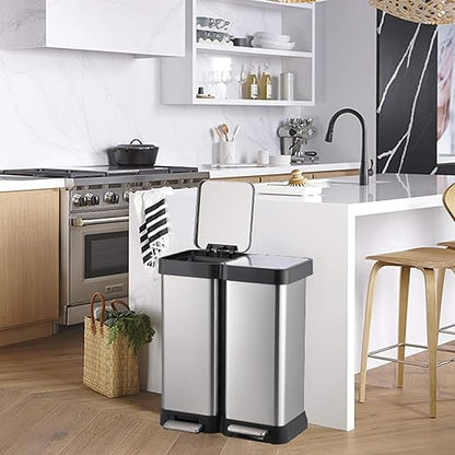 GarveeHome 16 gal Step-Open Dual Trash and Recycling Bin with Soft-Close Lid, Modern, Minimalistic for Home, Kitchen, Laundry Room, Office, Bedroom, Bathroom, Without Inner Bucket, 60 L(2x30 L)