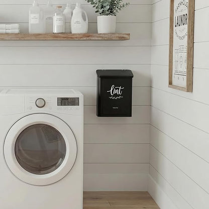 Perfnique Magnetic Lint Bin for Laundry Room with Lint Brush, Wall Mounted Lint Holder Trash can with lid for Dryer, Modern Farmhouse Rustic Metal Laundry Room Storage Organization and Decor(Black)