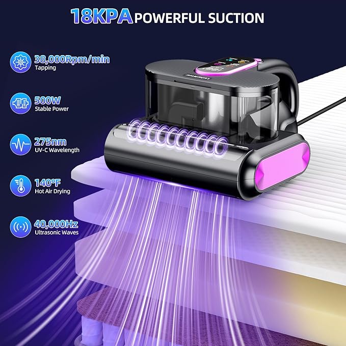 18kPa Mattress Vacuum Cleaner with 275nm UV-C Light, 500W Corded Handheld Bed Vacuum with HEPA Filter, Deep Cleaner for Sofa, Pillows, Furniture, Replacement Filter Included