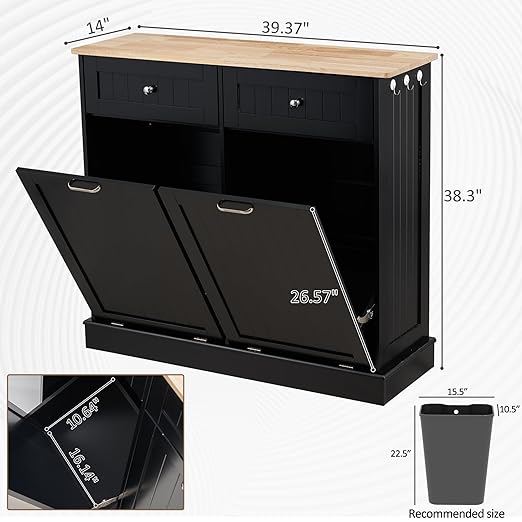AHB Double Tilt Out Trash Can Cabinet Hidden Kitchen Trash Can, 2x13 Gallons Freestanding Recycling Cabinet with Hideaway Drawers Pet Proof Trash Can for Kitchen Living Room, Black