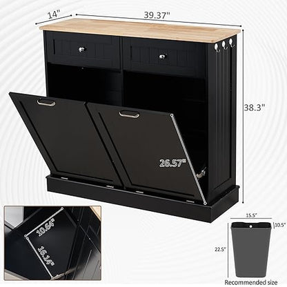 AHB Double Tilt Out Trash Can Cabinet Hidden Kitchen Trash Can, 2x13 Gallons Freestanding Recycling Cabinet with Hideaway Drawers Pet Proof Trash Can for Kitchen Living Room, Black