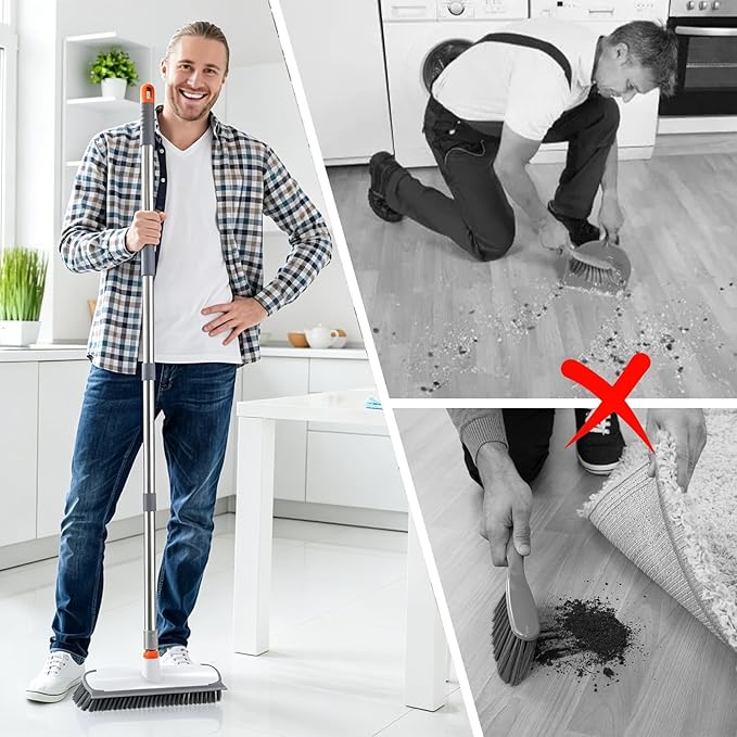 ITTAR Floor Scrub Brush with Long Handle, 12" Wide 2-in-1 Deck Brush and Squeegee with 55" Stainless Steel Pole, Heavy-Duty Stiff Bristles for Shower, Tile, Garage, Patio & Kitchen-Orange