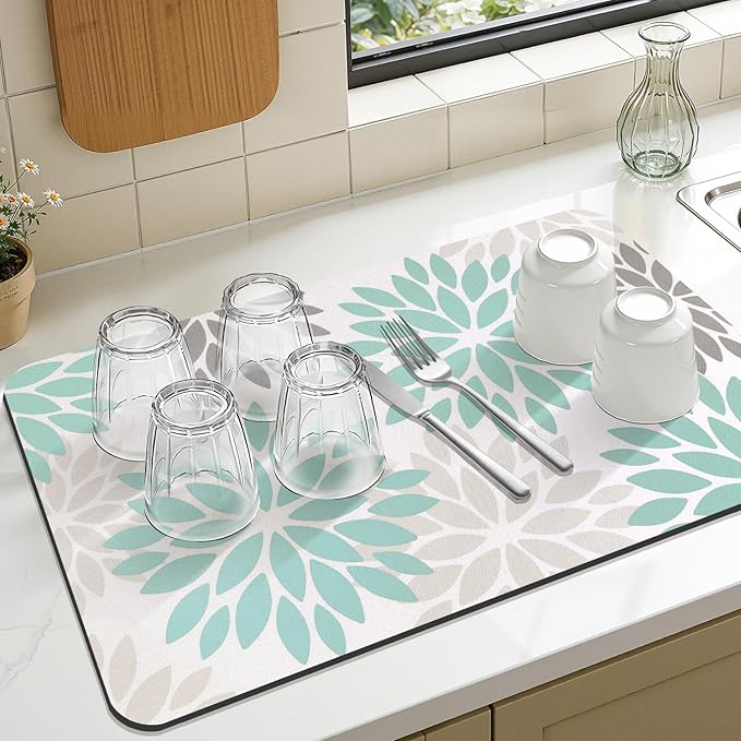 Findosom Floral Dish Drying Mat, 12" x 20" Super Absorbent & Hide Stain Coffee Mat, Cuttable Drying Mat for Kitchen Counter, Under Dish Rack, Coffee Maker, Espresso Machine, Teal