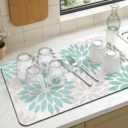 Findosom Floral Dish Drying Mat, 12" x 20" Super Absorbent & Hide Stain Coffee Mat, Cuttable Drying Mat for Kitchen Counter, Under Dish Rack, Coffee Maker, Espresso Machine, Teal