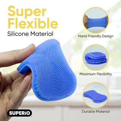 Silicone Heat Resistant Dishwasher Sponge, Fruit Cleaner, Vegetable Washer, Non Scratch Durable Bristles, Blue 3-Pack