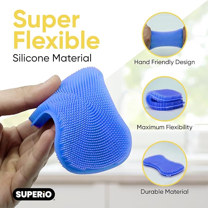 Silicone Heat Resistant Dishwasher Sponge, Fruit Cleaner, Vegetable Washer, Non Scratch Durable Bristles, Blue 3-Pack (9)