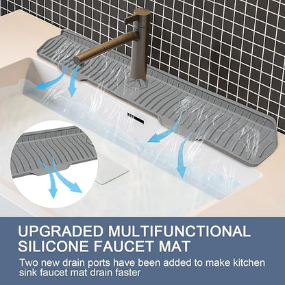 Sink Drain Mat Behind Faucet,Faucet Guard Draining Mat, 90° Foldable Tap Draining Mat for Kitchen Sink with 2 Water Ports, Faucet Drain Mats for Kitchen, Bathroom, etc (Gray, 29.5"*6.1")