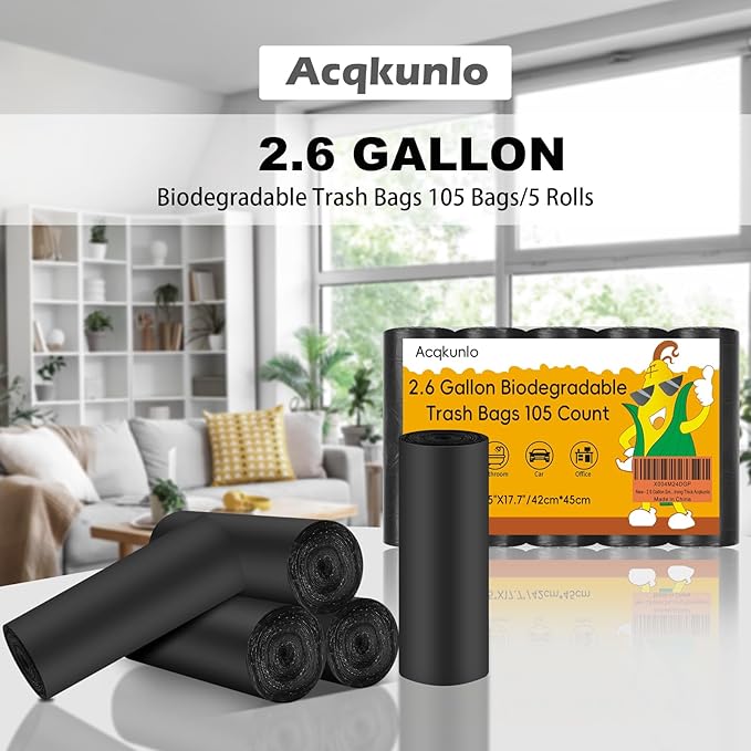 2.6 Gallon Small Trash Bag Bathroom-Black - Mini Garbage Bags Biodegradable 105 Count 10 Liter Unscented Compostable Little Kitchen Office Car Small Waste Basket Liners Bulk Strong Thick Acqkunlo