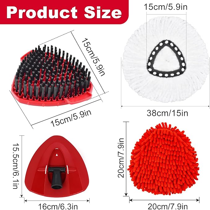 Mop Heads Replacement Compatible with O-Cedar EasyWring 1-Tank System, Includes 2 Microfiber + 2 Chenille Refills + 1 Scrub Brush + 1 Spin Mop Base for Hard Floor Cleaning