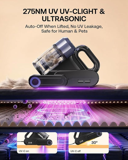 Trucozie Mattress Vacuum Cleaner with 275nm UV-C Light & 149℉ Heat, 16Kpa Powerful Suction Bed Vacuum for Pet Hair & Dander, Smart Dust Sensor, Anion & Aromatherapy, Corded for Bed, Sofa, Couch, Black
