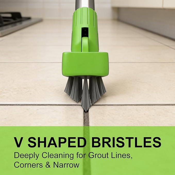 2 Pack Grout Brush with Long Handle, Swivel Cleaning Grout Line Scrubber - Durable Handle Grout Cleaner Brush for Bathroom,Tile,Baseboard,Walk in Shower,Corner & Narrow Space (Green)