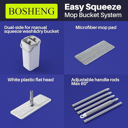 BOSHENG Mop and Bucket Set, Flat Mops for Floor Cleaning, Wall Mop with 60" Extensible Handle, Hardwood Floor Mop with 4 Microfiber Pads