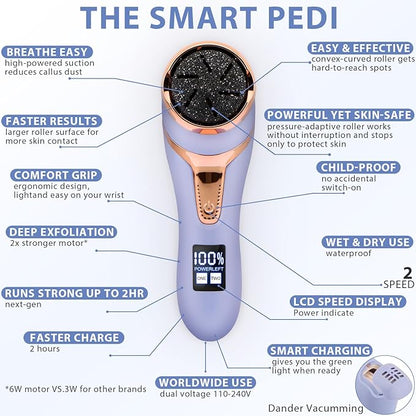 Callus Remover for Feet (with Dander Vacuum), Portable Pedicure Kit Foot File Callus Remover, Rechargeable Waterproof Foot File for Foot Care Deadskin Remover with 3Head&LCD Display, Purple