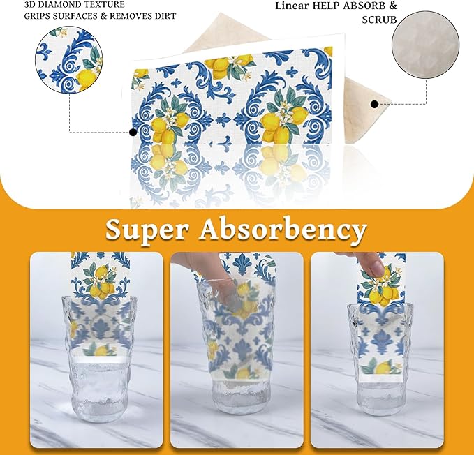 Lemons Swedish Dishcloths for Kitchen, 6 Pack Reusable Tiles Lemons Sponge Cleaning Cloths, Absorbent Dish Cloths Towels Wipes for Summer Kitchen Cooking Home Decoration Housewarming Gifts