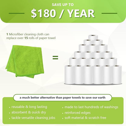 Kitchen Dish Cloths, 12 Pack, 10 x 10 Inches, Absorbent Coral Velvet Dish Towels, Soft Lint Free Reusable Dish Cloths for Dishes, Sink and Countertop, Green