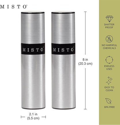 Misto Aluminum Oil Sprayer, Set of 2, Versatile Refillable Aerosol Sprayers for Olive Oil, Vinegar, Lemon Juice, Dressings, and More, Ideal for Cooking, BBQ, and Air Fryers