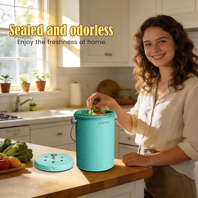 AOSION Countertop Compost Bin Kitchen,Odorless Indoor Compost Bin with Lid,Farmhouse Composter Container for Food Waste,Includes 2 Carbon Filters, Small Compost Bucket,Trash Bags (Modern, Light Green)