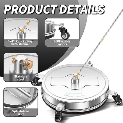LidoDola 20'' Pressure Washer Surface Cleaner with 4 Wheels - Stainless Steel Surface Cleaner for Pressure Washer Attachment for Concrete, Driveway, Patio, Sidewalk, Deck and Driveways