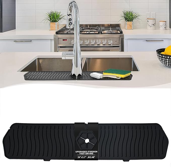 Kitchen Faucet Sink Splash Guard, 24" x 5.6'' Upgrade Silicone Faucet Water Catcher Mat, Sink Draining Pad Behind Faucet, Rubber Drying Mat for Countertop, Bathroom, Farmhouse, RV (Black)