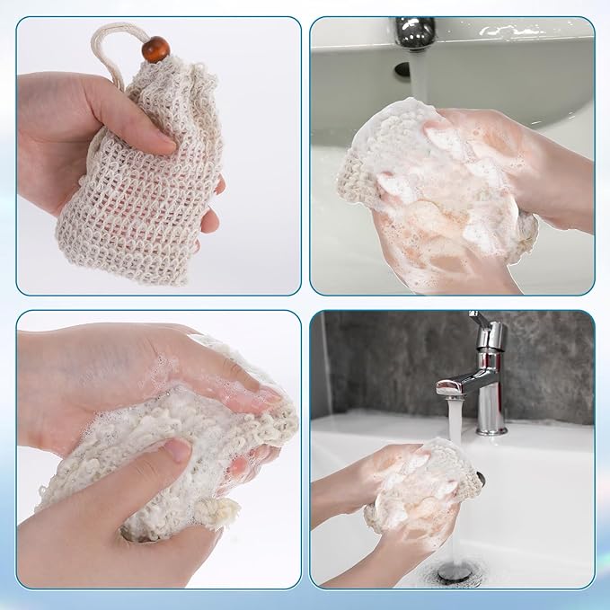 2PCS Soap Saver Bag, Sisal Exfoliating Soap Pouch, Natural Cotton-Linen Exfoliating Net Pouch with Drawstring, Foaming and Drying Exfoliating-Mesh Pouches for Bath and Shower (13x8.5cm, Beige)