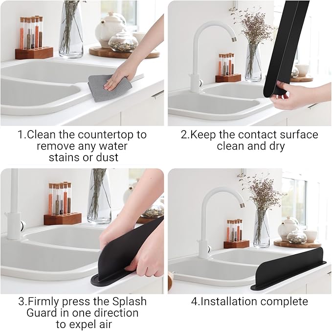 19.3 inch Sink Water Splash Guard, Silicone Sink Splash Guard, Backsplash Protector for Kitchen Countertop & Bathroom Bathtub with Non-Slip Strong Suction, Black