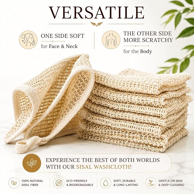 100% Natural Sisal Washcloth. Gentle Exfoliation for Smoother Skin. Durable & Reusable for Face & Body. 100% Biodegradable. Removes Dead Skin Cells and Dirt (3 Pcs)