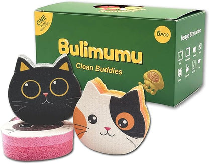 Bulimumu 3-Layer Cat Print Dish Sponge (6 Pack) - Swedish Dishcloth Top + Soft Sponge Middle + Smart Temperature-Sensing Scrubber - Dual-Action Non-Scratch Kitchen Cleaning