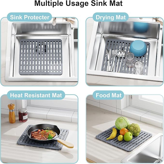 GSlife Expandable Over the Sink Dish Drying Rack with Silicone Sink Protector - Stainless Steel Dish Drainer with Locking Knob, Adjustable Dryer Strainer for Kitchen, 12.8" W x 10.8"-17.9" L, Silver