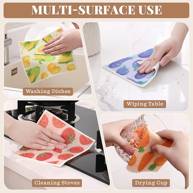 Homaxy Swedish Dishcloths for Kitchen, 8 Pack Vegetable Reusable Paper Towels with Clips, Absorbent Cellulose Sponge Dish Cloths for Washing Dishes, Non-Scratch & Odor-Free Dish Rags